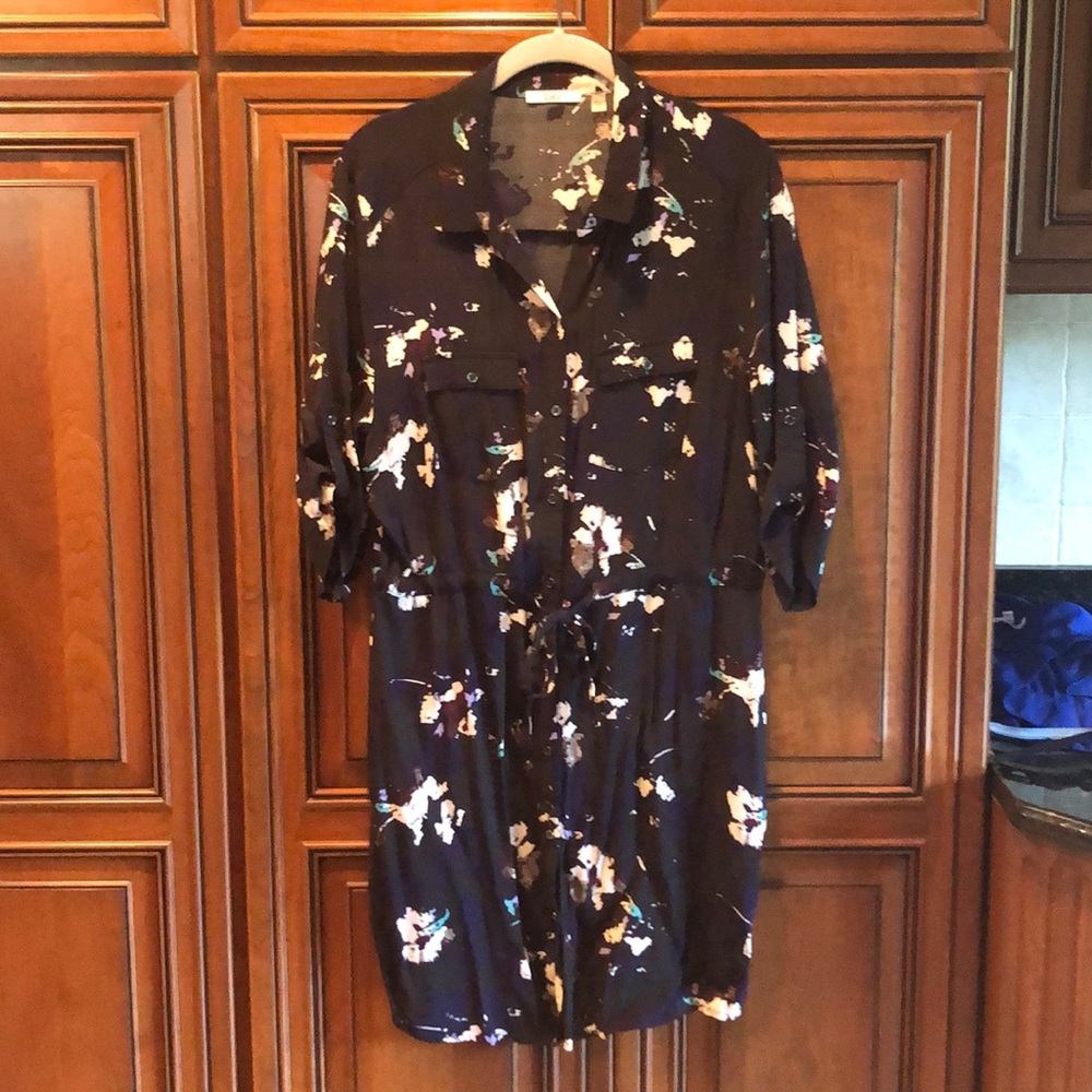Black Splatter Print Button Up Dress w/ Tie Waist